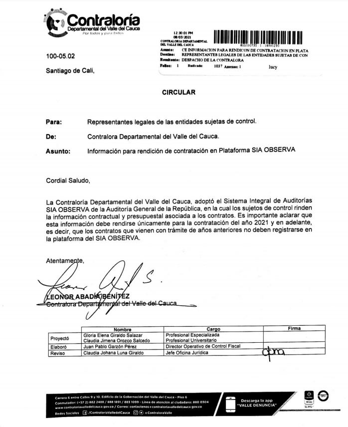 Pantallazo circular sobre rendición de Contratación 2019 en SIA OBSERVA