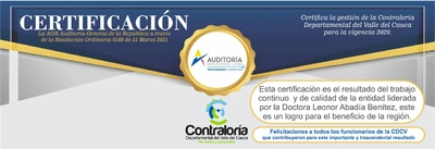 La AGR certifica la gesti&oacute;n de la Contralor&iacute;a Departamental del Valle del Cauca  en la Vigencia 2020