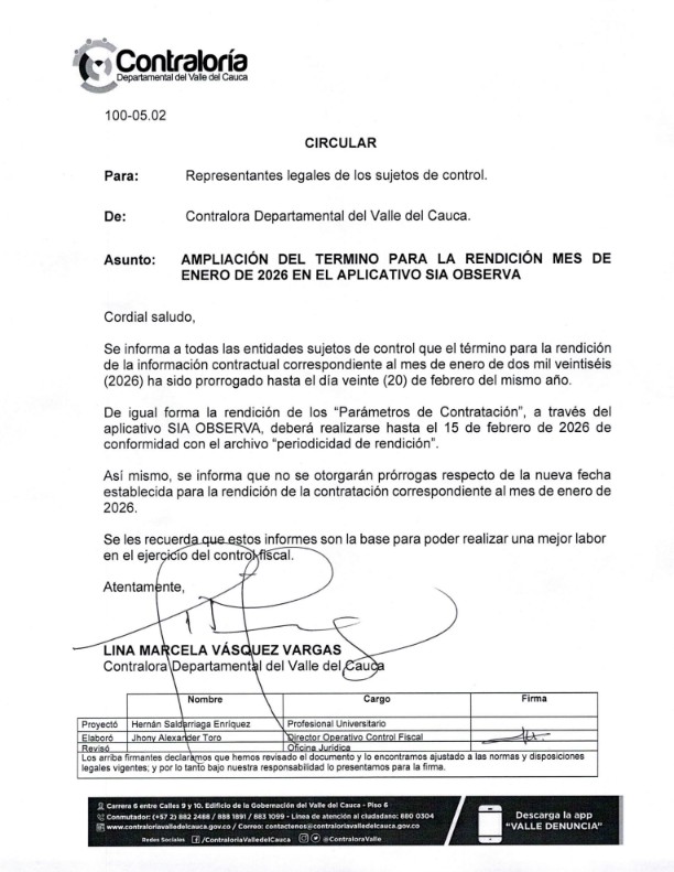 AMPLIACIÓN DEL TÉRMINO PARA LA RENDICIÓN MES DE ENERO DE 2026 EN EL APLICATIVO SIA OBSERVA