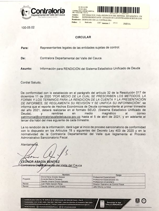 Circular rendición sistema estadístico unificado